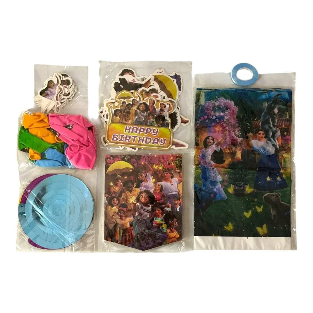 Encanto Birthday Party Supplies Set – Tablecloth, Balloons, Banner & Cake Topper